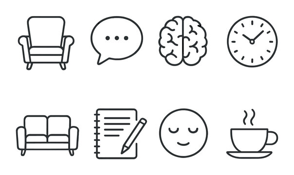 Monochrome icons: armchair, speech bubble, brain, clock, couch, notepad, smiley face, coffee cup