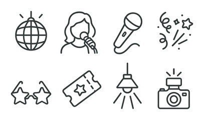 Outline icons of party elements including microphone and disco ball on dark background