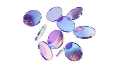 3d glass disk shape hologram effect. Render abstract neon coin set. Fly round podium, disc, badge, lens, plate crystal isolation. Y2k hologram shape. Vector trendy illustration 
