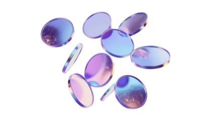 3d glass disk shape hologram effect. Render abstract neon coin set. Fly round podium, disc, badge, lens, plate crystal isolation. Y2k hologram shape. Vector trendy illustration 