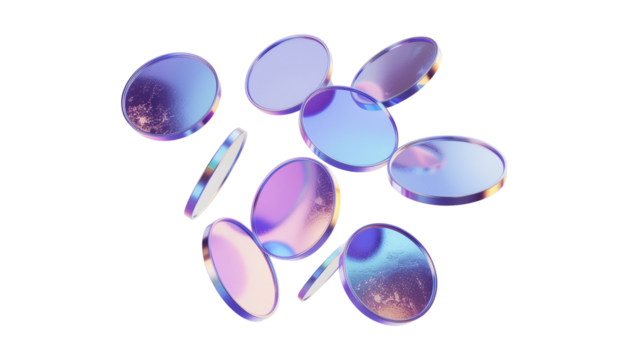 3d glass disk shape hologram effect. Render abstract neon coin set. Fly round podium, disc, badge, lens, plate crystal isolation. Y2k hologram shape. Vector trendy illustration 