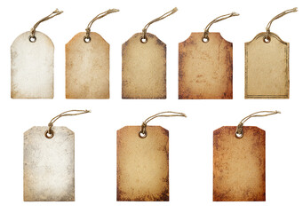 Nine vintage-style paper tags, various shades of aged beige, with twine loops