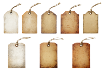 Nine vintage-style paper tags, various shades of aged beige, with twine loops