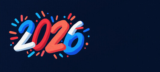 Bold colorful 2026 typography on dark minimalist background. Modern New Year celebration illustration with vibrant gradient text and copy space for design