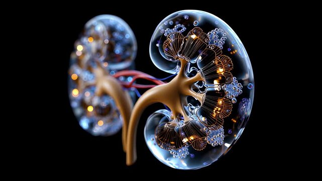 A detailed view of a rendered kidney on black background, showcasing the intricacies of human anatomy