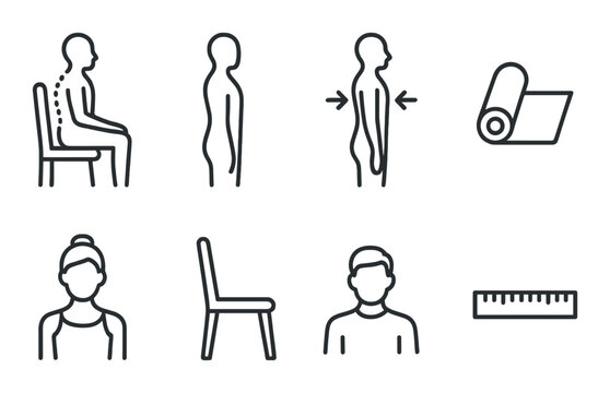 Posture guide: sitting, standing, and alignment tips with male and female illustrations
