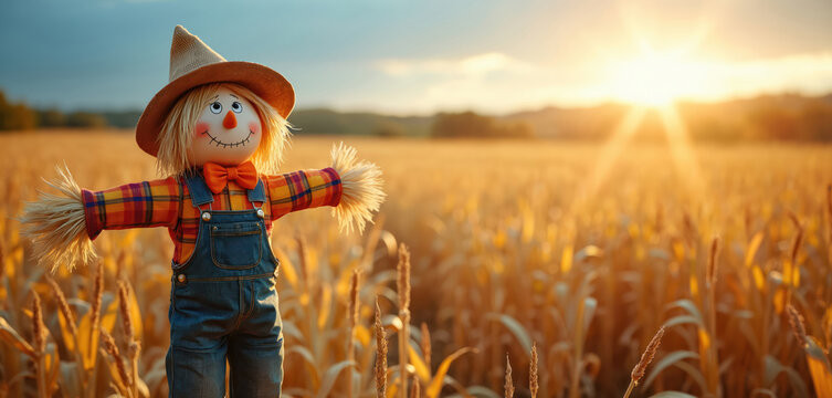Cute scarecrow doll with straw hands stands in golden cornfield at sunset. Fabric character wears denim overalls and plaid shirt. Rural farm background with warm sunlight and blue sky.