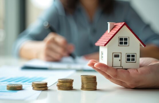 Person calculates money for house investment. Stacks of coins grow near toy home. Financial planning for property purchase, loan, or tax payment.