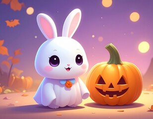 A charming bunny in a ghost costume stands beside a carved pumpkin in a magical autumn landscape.