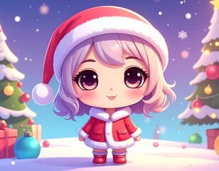 A cute character in a festive outfit brings joy in a winter wonderland filled with decorations.