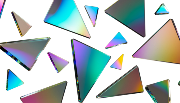 3D transparent triangle square composition, glasses geometric abstract pyramid crystal rectangle. Futuristic holographic plastic effect object, purple glossy different angle shape. Rainbow 3D square - Powered by Adobe