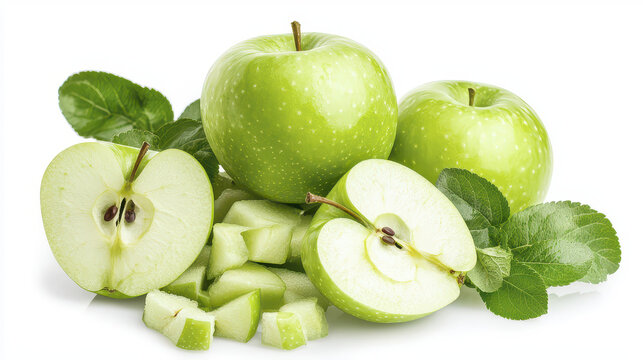 Fresh green apples with slices and leaves arranged on white background, showcasing their vibrant color and juicy texture - Powered by Adobe