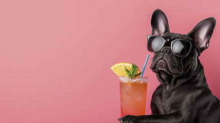 Stylish black French bulldog wearing sunglasses enjoys refreshing cocktail, exuding fun and relaxed vibe