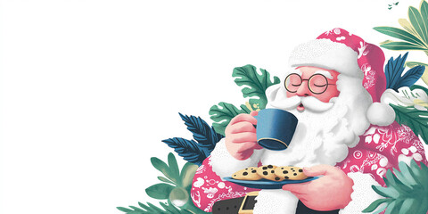 Santa Claus drinking coffee and eating cookies surrounded by tropical leaves. Modern Christmas illustration with exotic holiday vibes and copy space