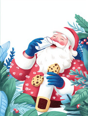 Santa Claus drinking milk and eating cookies surrounded by leaves. Cheerful Christmas illustration for festive greetings and family-friendly holiday designs
