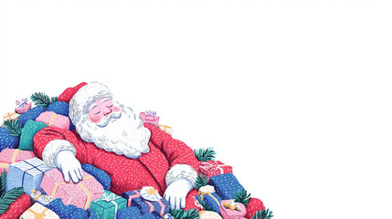 Santa Claus sleeping peacefully on a pile of colorful gifts. Cozy and funny Christmas illustration with pastel tones and copy space