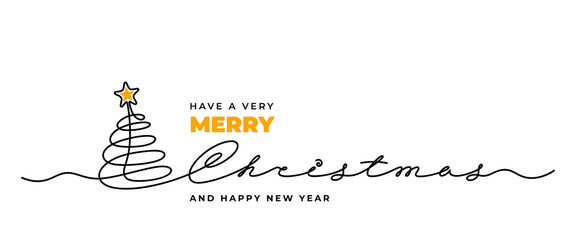 Merry Christmas greeting design. Lettering by continuous line with Christmas tree and star. Elegance design for Christmas and New Year holiday celebration. Seasonal greeting. Vector illustration