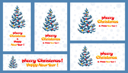Christmas greeting banners set. Merry Christmas and Happy New Year funny text, lettering, Christmas tree. Minimalist design for New Year winter holidays, festivals and events. Vector illustration
