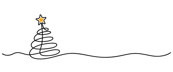 Continuous linear drawing of Christmas tree with star. One line drawing Christmas tree. Christmas tree in one line style. Elegance design for New Year winter holidays. Vector illustration
