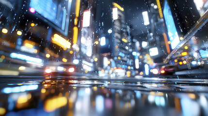 Captivating cityscape at night featuring vibrant lights and reflections on wet pavement, creating mesmerizing atmosphere
