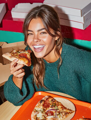 Smiling young woman eating pizza in a casual restaurant. Authentic lifestyle portrait with joyful expression and warm light for food and happiness concepts