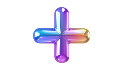 3D plus sign, iridescent, glassy, vibrant