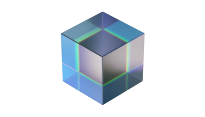 3D transparent cube with an iridescent surface, reflecting light in vibrant holographic colors and featuring a smooth geometric design. Isolated on transparent background, png.
