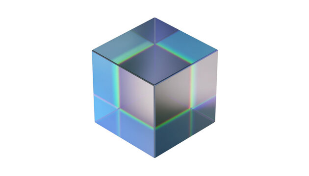 3D transparent cube with an iridescent surface, reflecting light in vibrant holographic colors and featuring a smooth geometric design. Isolated on transparent background, png.