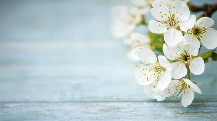 Fototapeta premium Beautiful cherry blossom branch with delicate white flowers rustic blue wooden background, evoking sense of tranquility