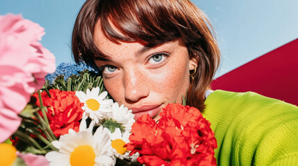 Young woman with freckles holding a colorful bouquet of flowers under blue sky. Modern and vibrant portrait with spring lifestyle mood