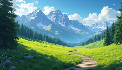 Illustration of green landscape featuring mountains wooden path and forest. Natural scenic environment with mountains and blue sky. Meadow and trail invite to explore nature adventure