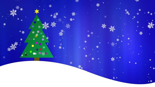 cartoon style christmas scene animation, xmas tree decorated with ornaments on a deep blue aurora borealis background with falling snow and drifting snowflakes