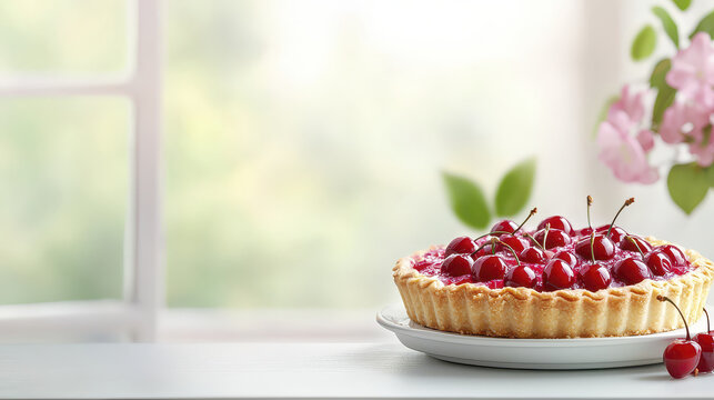 Delightful cherry pie cooling on plate, surrounded by serene background with soft natural light - Powered by Adobe
