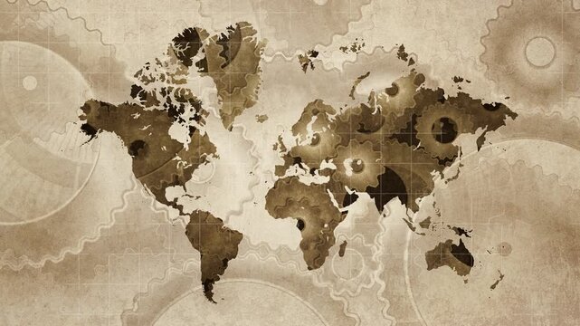 clockwork world map animation with continents formed by rotating gears and cogwheels on vintage paper texture, global business connectivity and industrial technology
