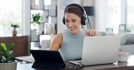 Headset, remote work and technology with woman in living room of home for customer service or support. Communication, laptop and smile of freelance employee in apartment for help as virtual assistant