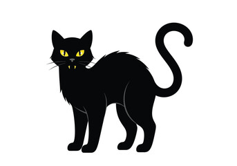 Fototapeta premium A spooky black cat with an arched back, yellow eyes, and sharp fangs stands on a white background.