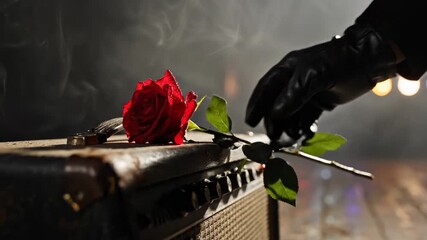 Gloved Hand Places Red Rose on Guitar Amplifier on Stage.