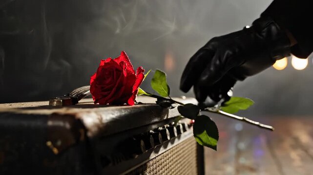 Gloved Hand Places Red Rose on Guitar Amplifier on Stage.