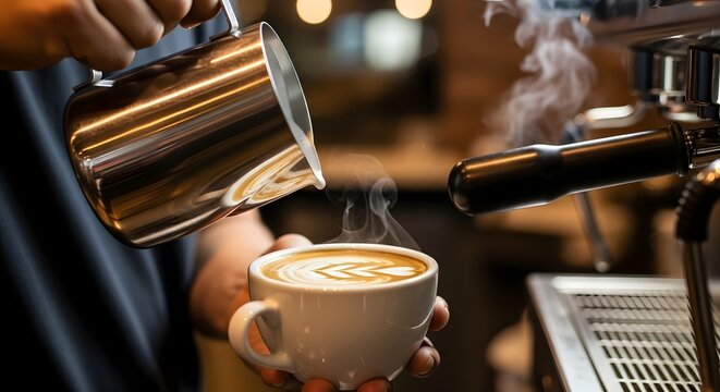 Pouring steamed milk into a cup of coffee with latte art near espresso machine in a cafe setting - Powered by Adobe