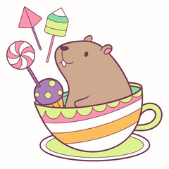 SVG art: A Funny Capybara in a Birthday vibe with in a teacup, tinted with Candy Shop tones