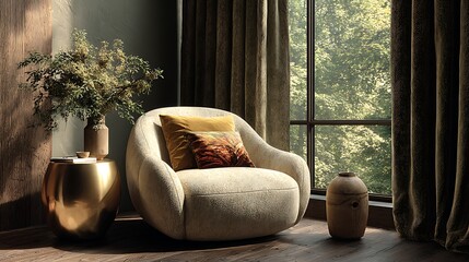 Cozy armchair by a window with lush green foliage view