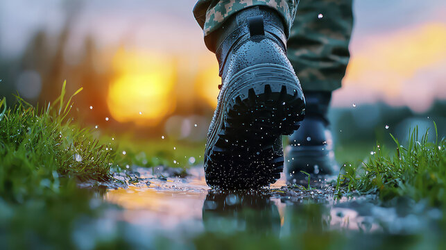 Macro shot of combat boot stepping through puddle, creating splashes in grass during sunset