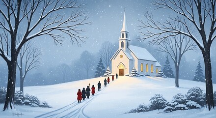 Photo of a line of people walk up a snowy path towards a white church on a winter day, with snow falling gently