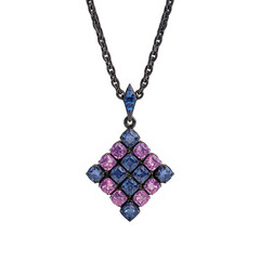 Diamond-shaped pendant with alternating pink and blue gemstones on a black chain