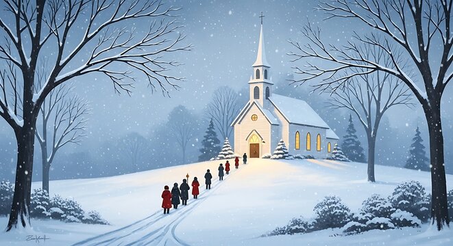 Photo of a line of people walk up a snowy path towards a white church on a winter day, with snow falling gently