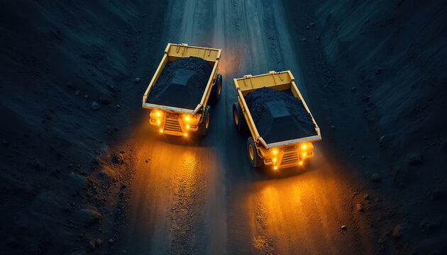 Two large yellow dump trucks drive on dirt road at night in mining site. Trucks carry coal mineral ore. Vehicles headlights on, illuminating dark terrain, dusty road. Aerial view of industrial