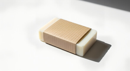 Soap bar wrapped in kraft paper on white background  