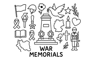 Obraz premium War Memorial Icons. War Memorials. Hand-drawn doodle illustration of War Memorials. In the middle, one