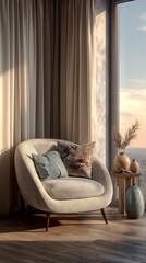 Cozy modern sofa by a sunlit window with ocean view