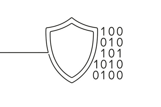 Minimalist Cyber Shield. Data Protection. Minimalistic one-line drawing shield overlaying binary code stream,